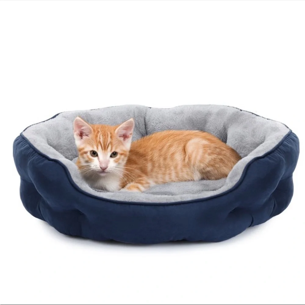 PureWags Navy & Gray 20 Inch Round Washable Cat Bed with Non-Slip Base